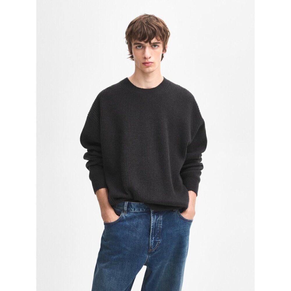 Massimo Dutti Mens Cashmere Sweater L Large Ribbed Knit Gray 0903/333 NWT